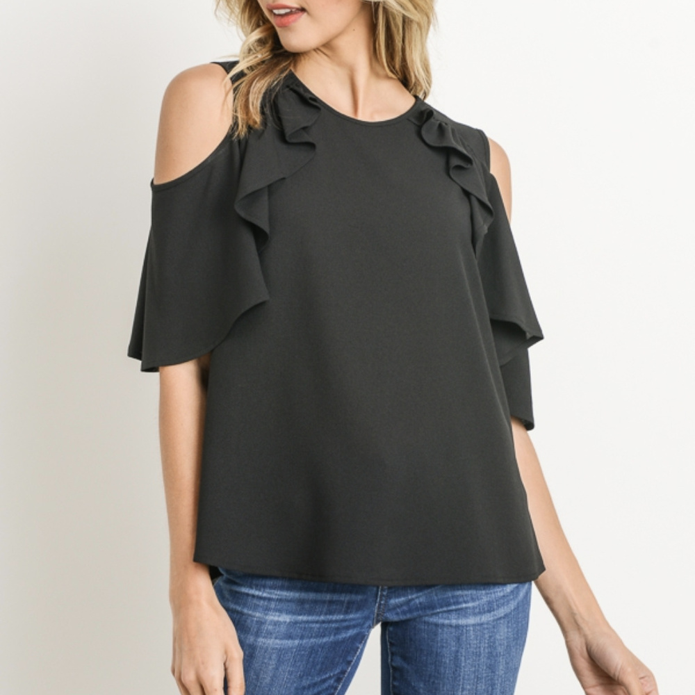 Gilli Black Ruffle Cold Shoulder Top - Picture 2 of 6